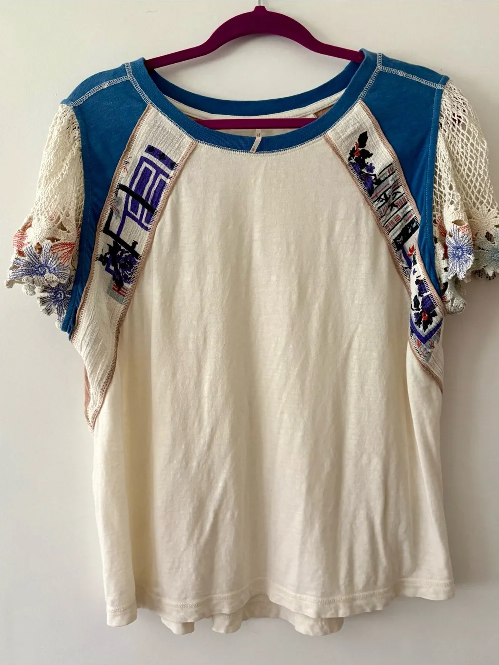 Free People crochet Lace Sleeve patchwork Cotton Tee L